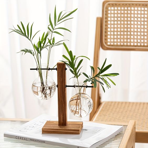 Modern Glass Vase With Wooden Stand For Tabletop Flower Arrangements