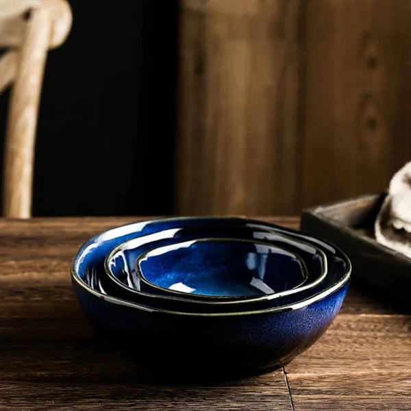 Elegant Deep Blue Glazed Ceramic Dining Bowl For Modern Tabletop