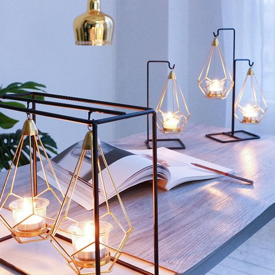 Luxury Hanging Diamond Geometric Metal Candle Holder Decor