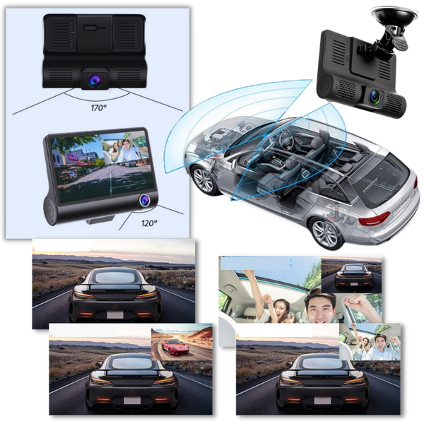 Three Lens Car Dash Cam With Front Interior Rear View 1080P HD