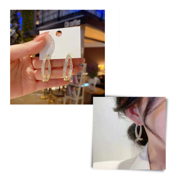 Gold And Silver Cross Curved Earrings With Sparkling Stones