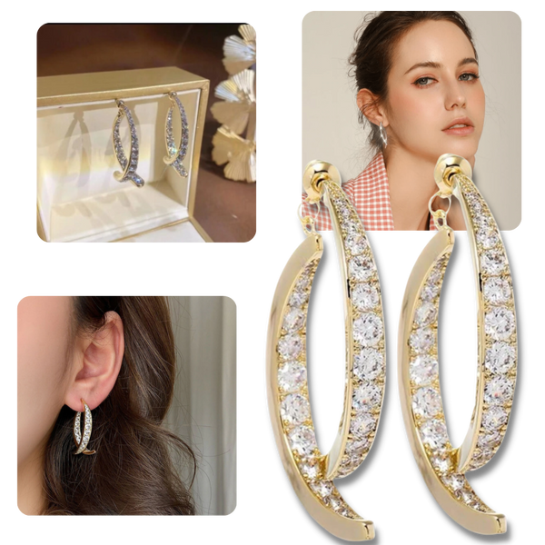 Gold And Silver Cross Curved Earrings With Sparkling Stones