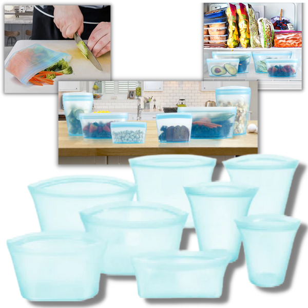 Eight-Pack Reusable Silicone Food Bags Keep Food Fresh, Leakproof Storage