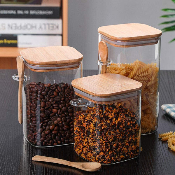 Bamboo and Glass 3 Piece Container Set Kitchen Storage Eco Friendly