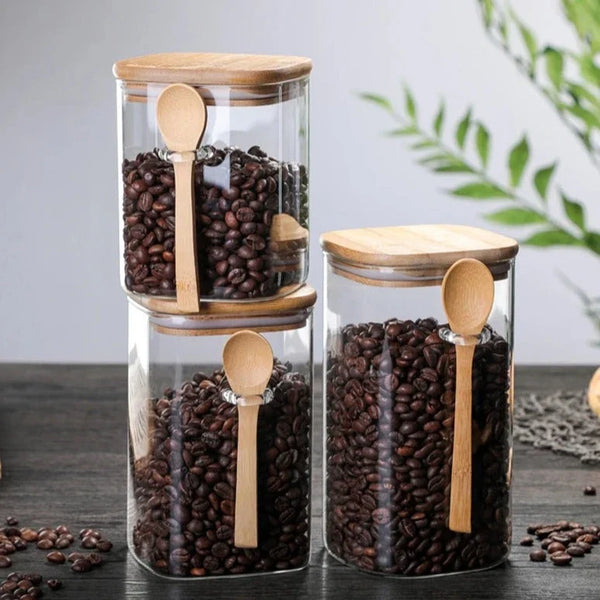 Bamboo and Glass 3 Piece Container Set Kitchen Storage Eco Friendly