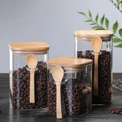 Bamboo and Glass 3 Piece Container Set Kitchen Storage Eco Friendly