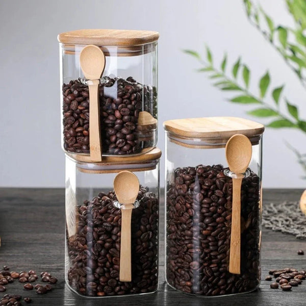 Bamboo and Glass 3 Piece Container Set Kitchen Storage Eco Friendly