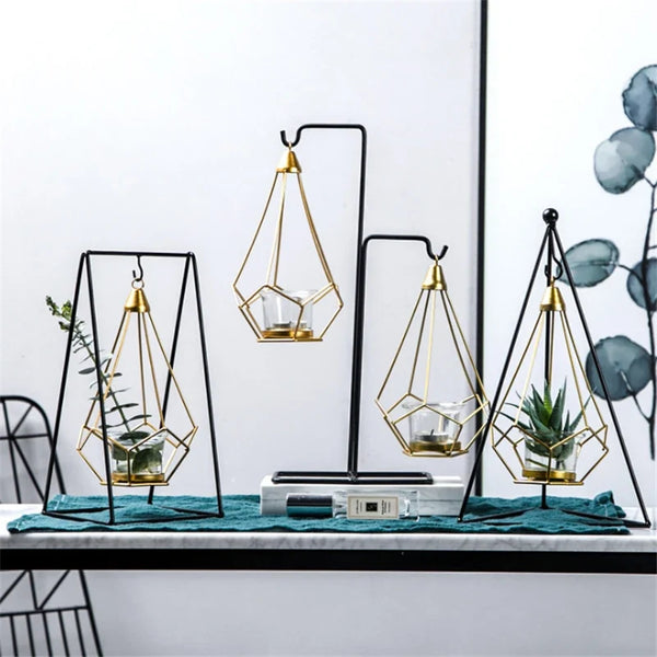 Luxury Hanging Diamond Geometric Metal Candle Holder Decor