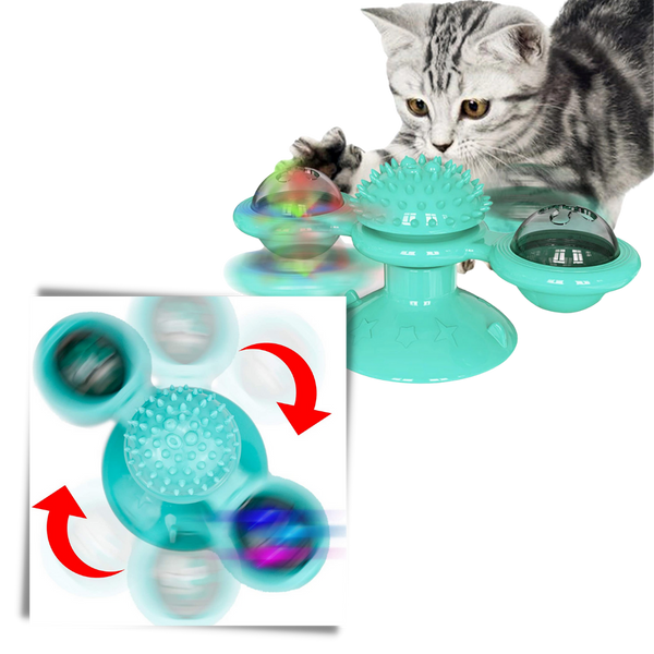 Rotating Windmill Cat Toy With Self Grooming Brush For Active Play