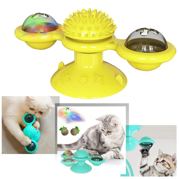Rotating Windmill Cat Toy With Self Grooming Brush For Active Play