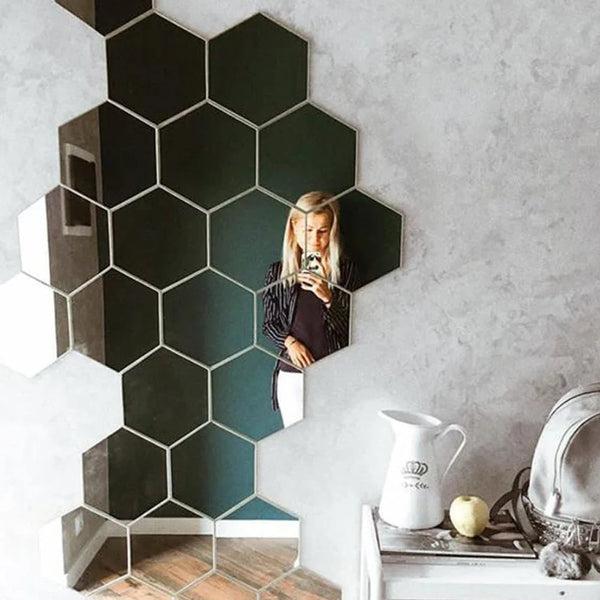 Hexagon Mirror Wall Stickers 12 Pieces Reflective Modern Home Decor Accent