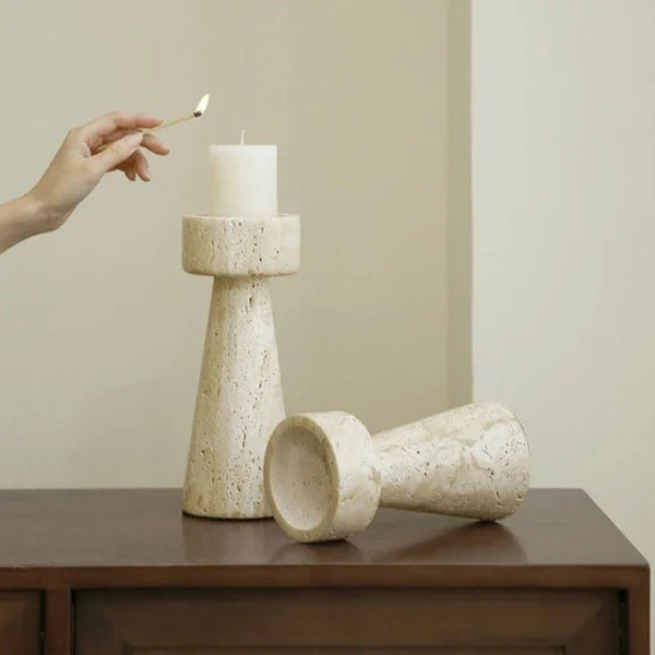 Faux Travertine Stone Candle Holder Decor Modern Home Accent