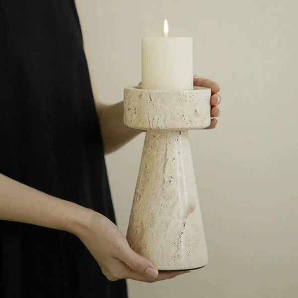 Faux Travertine Stone Candle Holder Decor Modern Home Accent