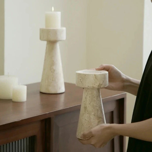 Faux Travertine Stone Candle Holder Decor Modern Home Accent
