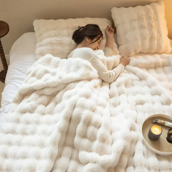 Rabbit Faux Fur Throw Blanket Ultra Plush Cozy Soft Luxury Home Decor