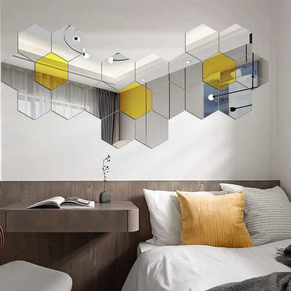 Hexagon Mirror Wall Stickers 12 Pieces Reflective Modern Home Decor Accent