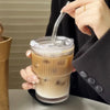 Ribbed Heat Resistant Glass To-Go Cup With Lid And Straw For Coffee