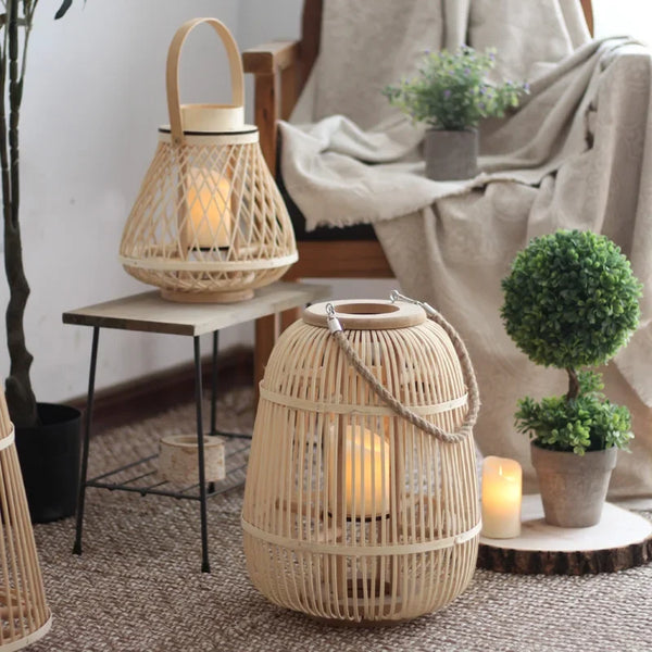 Rustic Rattan Lantern With Flameless Led Candle For Outdoor Patio