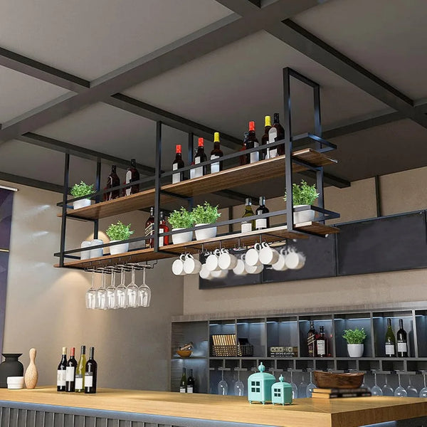 Dual Tier Hanging Bar Shelf Iron Frame Wood Wine Glass Display Rack