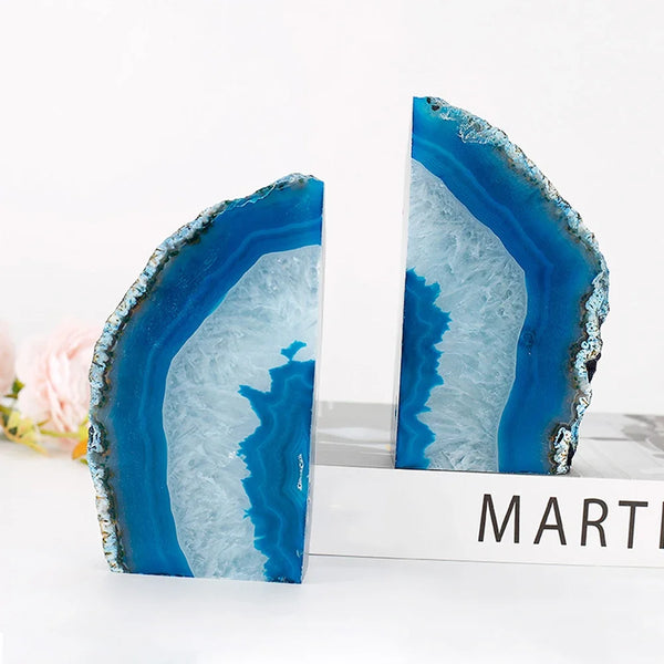 Premium Blue Agate Bookends 2 Piece Set Natural Stone Home Decor
