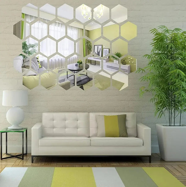 Hexagon Mirror Wall Stickers 12 Pieces Reflective Modern Home Decor Accent