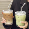 Ribbed Heat Resistant Glass To-Go Cup With Lid And Straw For Coffee