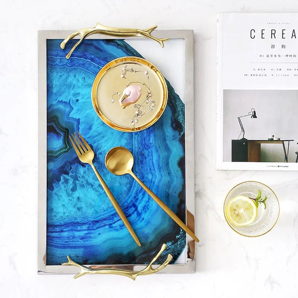 Blue Agate Serving Tray Natural Stone Home Decor Accent Piece