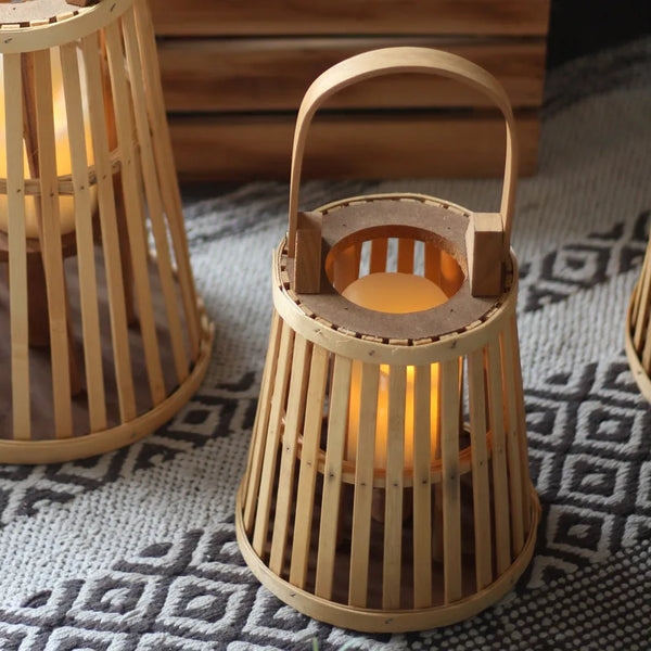 Natural Bamboo Flameless Candle Holder With Realistic Flickering Light