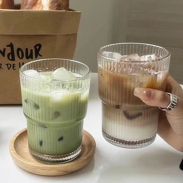 Ribbed Heat Resistant Glass To-Go Cup With Lid And Straw For Coffee