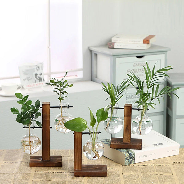 Modern Glass Vase With Wooden Stand For Tabletop Flower Arrangements