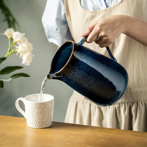 Elegant Blue Ceramic Pitcher Handcrafted Artisan Tableware Decor