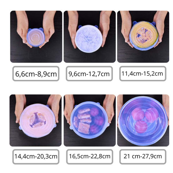 Six Silicone Stretch Lids for Fresh Food Storage and Space Saving