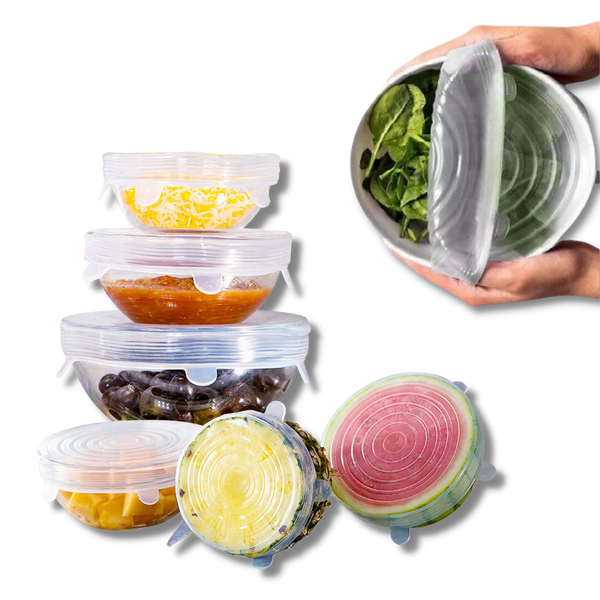 Six Silicone Stretch Lids for Fresh Food Storage and Space Saving