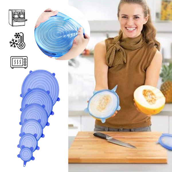 Six Silicone Stretch Lids for Fresh Food Storage and Space Saving