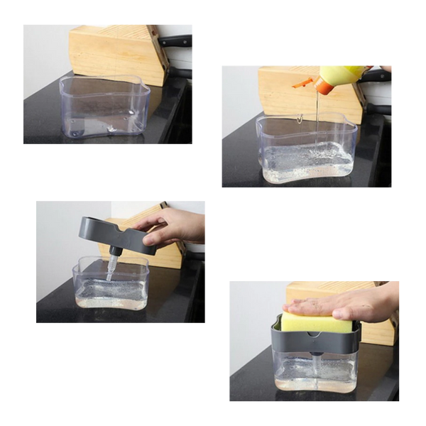 Two In One Detergent Dispenser With Sponge Holder For One Handed Dishwashing