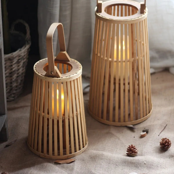 Natural Bamboo Flameless Candle Holder With Realistic Flickering Light