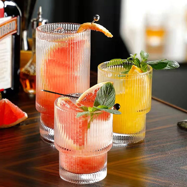 Clear Ribbed Glass Water Juice Cocktail Glasses 4 Piece Set