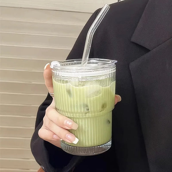 Ribbed Heat Resistant Glass To-Go Cup With Lid And Straw For Coffee