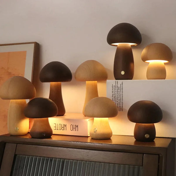 Wooden Mushroom Desk Lamp With Adjustable Warm Lighting