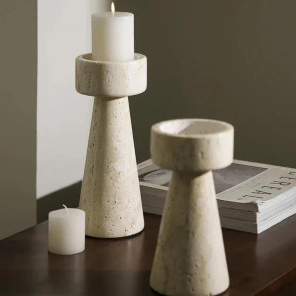 Faux Travertine Stone Candle Holder Decor Modern Home Accent