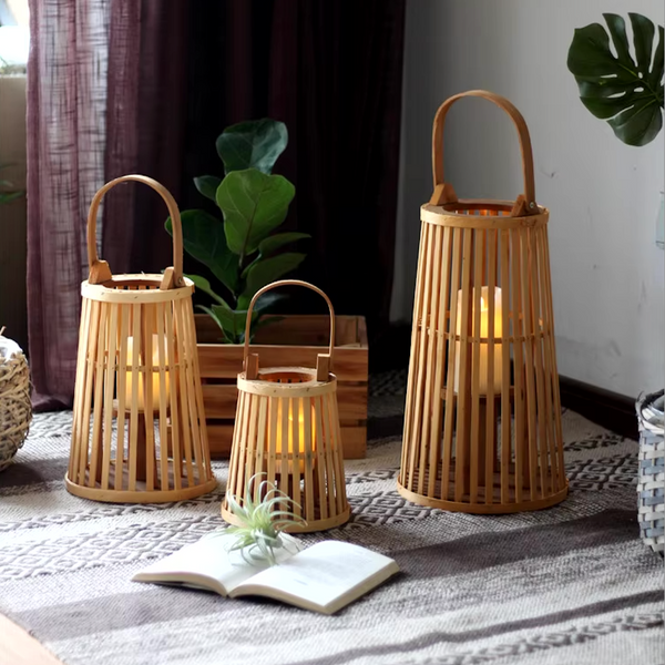Natural Bamboo Flameless Candle Holder With Realistic Flickering Light