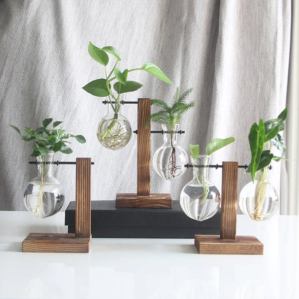 Modern Glass Vase With Wooden Stand For Tabletop Flower Arrangements