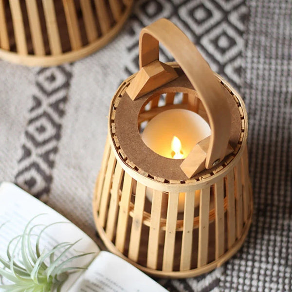 Natural Bamboo Flameless Candle Holder With Realistic Flickering Light