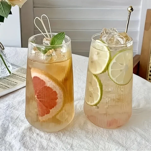 Rounded Ribbed Glass Tumbler Set Four Pieces Textured Water Juice