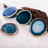 Blue Agate Coaster 2 Piece Set Gold Trim Natural Stone Tabletop Decor