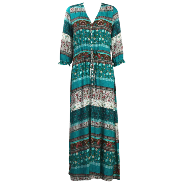 Boho V Neck Maxi Dress With Ethnic Charm And Flowy Silhouette