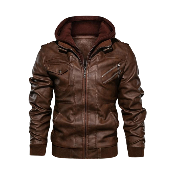 All Weather Brown Leather Motorcycle Jacket With Hood And Adjustable Fit