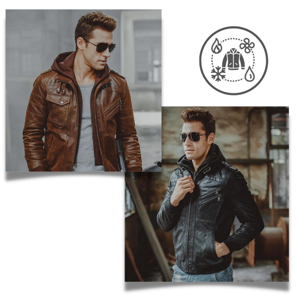 All Weather Brown Leather Motorcycle Jacket With Hood And Adjustable Fit