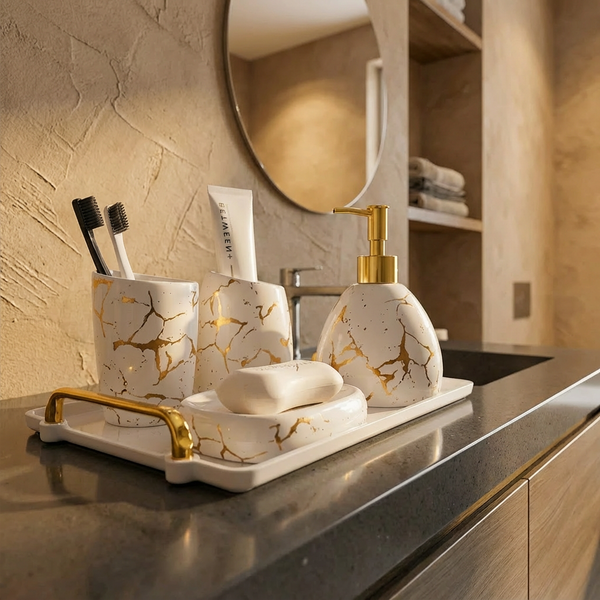 Elegant Marble Look Ceramic 5 Piece Bathroom Accessory Set