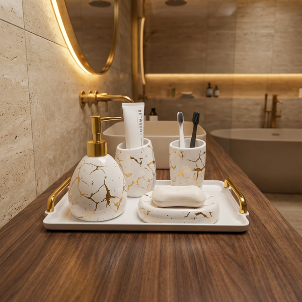 Elegant Marble Look Ceramic 5 Piece Bathroom Accessory Set